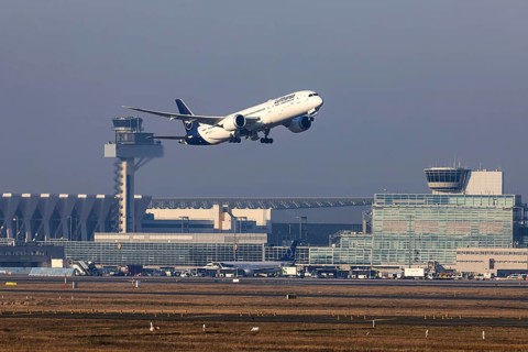 Aircraft taking off at Frankfurt Airport, Fraport Airport with tower. D-ABPB, LUFTHANSA, BOEING