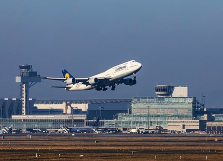 Aircraft taking off at Frankfurt Airport, Fraport Airport with tower. D-ABYH, LUFTHANSA, BOEING
