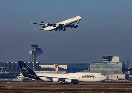 Aircraft taking off at Frankfurt Airport, Fraport Airport with tower. D-AIHX, LUFTHANSA, AIRBUS