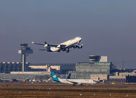 Aircraft taking off at Frankfurt Airport, Fraport Airport with tower. D-AIGL, LUFTHANSA, AIRBUS