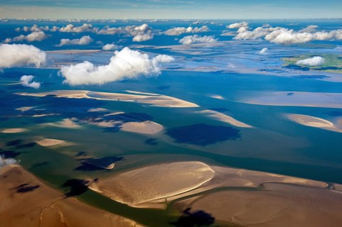 Aerial view of the Wadden Sea, sands and tidal flats between Nordstrand and Amrum,