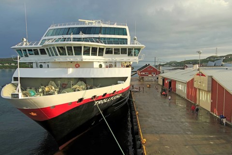 Hurtigruten ship 'Trollfjord' at port quayside of Rorvik, Norway, Europe