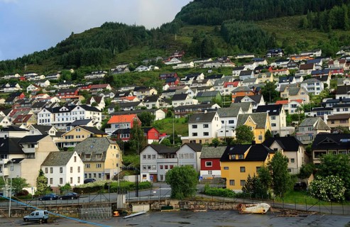 Traditional houses in coastal town of Kristiansund, Romsdal county, Norway, Europe