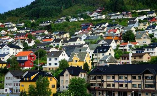 Traditional houses in coastal town of Kristiansund, Romsdal county, Norway, Europe