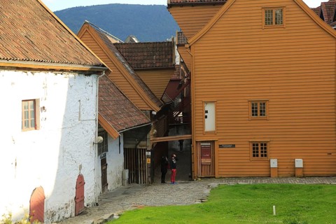 Historic Hanseatic League wooden buildings Bryggen area, Bergen, Norway UNESCO World Cultural