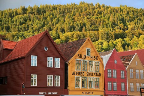 Historic Hanseatic League wooden buildings Bryggen area, Bergen, Norway UNESCO World Cultural