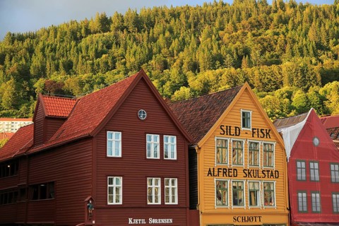Historic Hanseatic League wooden buildings Bryggen area, Bergen, Norway UNESCO World Cultural