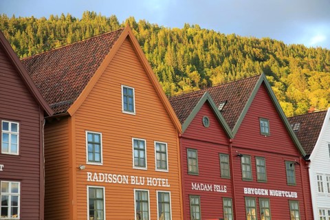 Historic Hanseatic League wooden buildings Bryggen area, Bergen, Norway UNESCO World Cultural