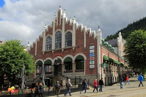 Historic former market building, Torget market square area of Vagen harbour, Bergen, Norway, Europe