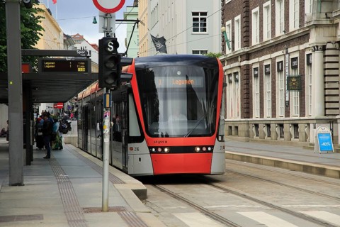 Light rail city transport system in city centre at Byparken stop, Bergen, Norway destination Laguna