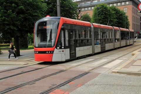 Light rail city transport system in city centre at Byparken stop, Bergen, Norway destination Laguna