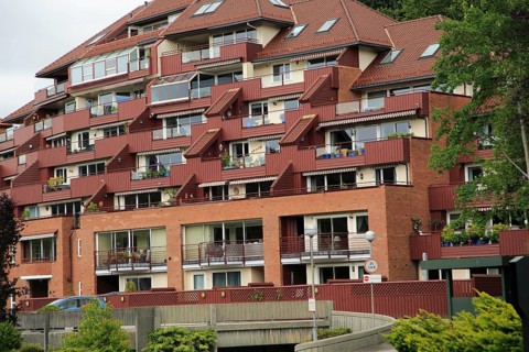 Tiered layers of apartment housing in Fantoft suburb, Bergen, Norway, Europe