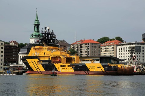 Loke Viking tug supply vessel ship in the harbour, city of Bergen, Norway, Europe