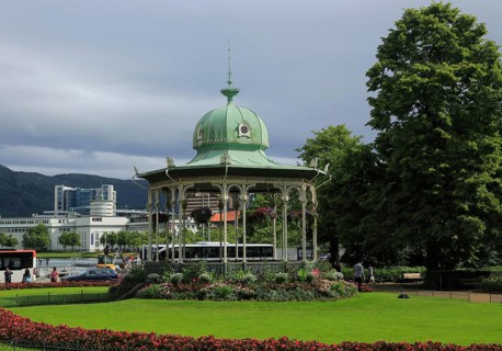 Bandstand park and buildings city centre Bergen, Norway, Europe