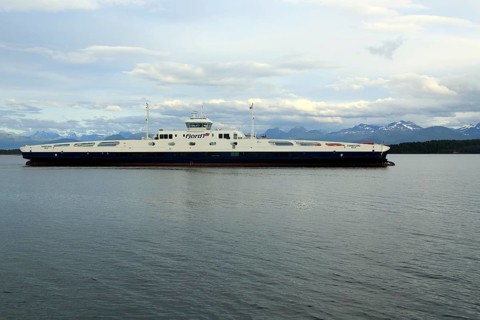 Liquid natural gas-powered RoRo ferry Romsdalsfjord ship operator Fjord1, crossing Moldefjord,
