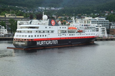 Hurtigruten ship 'Spitsbergen' arriving at port of Molde, Romsdal county, Norway, Europe
