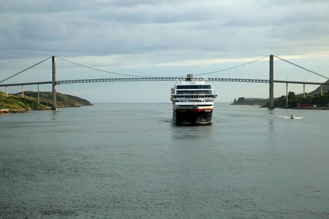 Hurtigruten ship 'Trollfjord' arriving at port of Rorvik, Norway, Europe