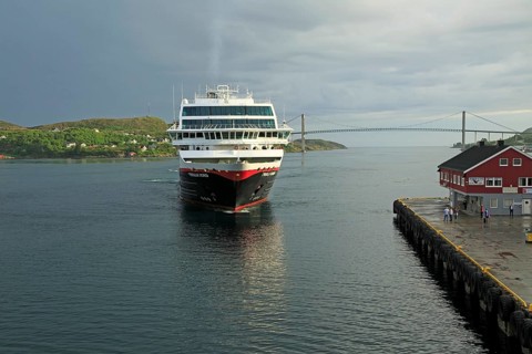 Hurtigruten ship 'Trollfjord' arriving at port of Rorvik, Norway, Europe
