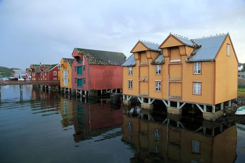 Traditional harbour buildings in fishing village of Rorvik, Norway, Europe