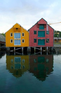 Traditional harbour buildings in fishing village of Rorvik, Norway, Europe