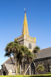 Spire of village parish church at St Keverne, Lizard Peninsula, Cornwall, England, UK