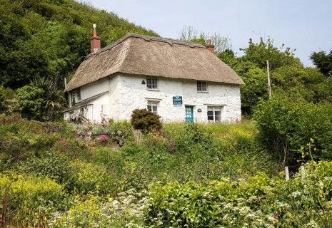 Pretty thatched whitewashed cottage house for sale, Porthoustock, Lizard Peninsula, Cornwall,
