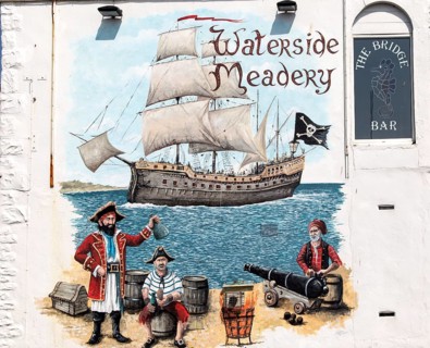 Mural of pirates on Waterside Meadery, The Bridge Bar, Penzance, Cornwall, England, UK