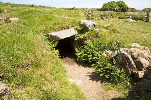 Entrance to underground fogue tunnel, Carn Euny prehistoric village, Cornwall, England, UK