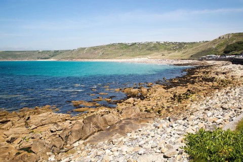 Coastal scenery rocky foreshore, Sennan Cove, Land's End, Cornwall, England, UK