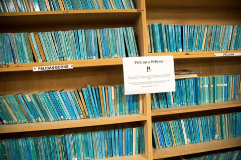 Blue Pelican secondhand books on bookshelves in huge Bookbarn International shop, Hallatrow, near