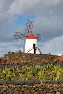 Windmill at Jardin de Cactus designed by César Manrique, Guatiza, Lanzarote, Canary Islands, Spain,