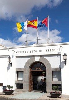 Flags flying on Ayuntamiento town hall building, Arrecife, Lanzarote, Canary Islands, Spain, Europe