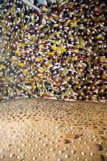 Bottles of wine forming a display in Bodegas Rubicón, La Geria, Lanzarote, Canary Islands, Spain,