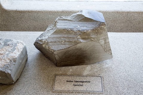 Magma ash rock sample geology display, Casa de los Volcanes volcanic study centre, Lanzarote,