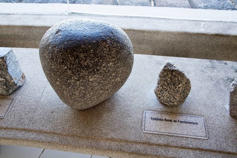 Complex basal rock sample from Fuerteventura, geology display Casa de los Volcanes volcanic study