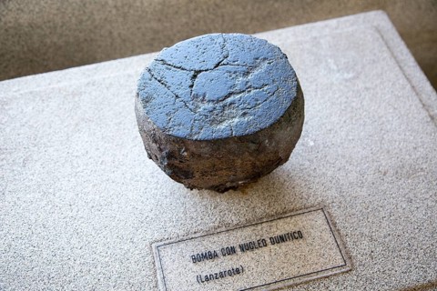 Volcanic bomb rock sample geology display, Casa de los Volcanes volcanic study centre, Lanzarote,