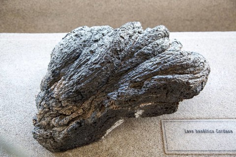 Basaltic lava flow rock sample geology display, Casa de los Volcanes volcanic study centre,