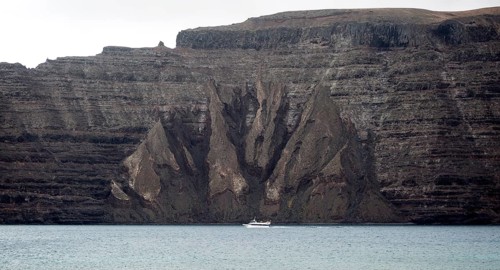 Steep gullied cliffs near Punta Fariones, Chinijo Archipelago, Orzola, Lanzarote, Canary Islands,