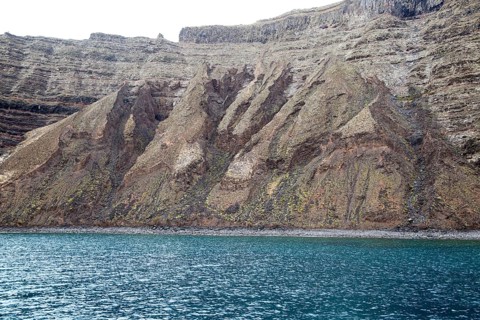 Steep gullied cliffs near Punta Fariones, Chinijo Archipelago, Orzola, Lanzarote, Canary Islands,
