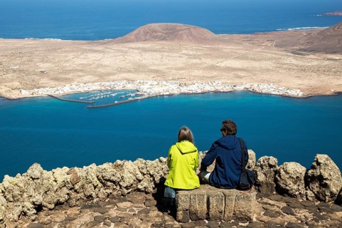 La Graciosa island and El Rio channel, Chinjo archipelago natural park, Lanzarote, Canary Islands,