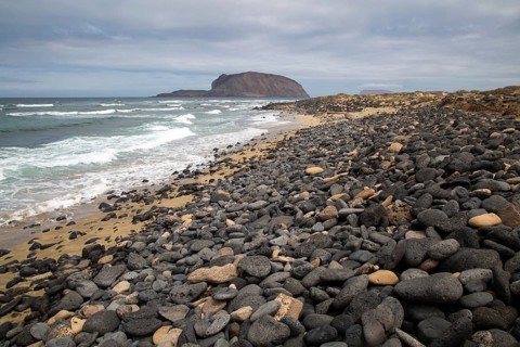 Montana Clara island nature reserve from Graciosa island, Lanzarote, Canary Islands, Spain, Europe
