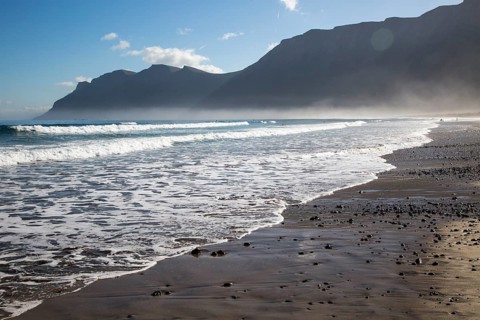 Atlantic Ocean coast beach and waves, Caleta de Famara, Lanzarote, Canary islands, Spain, Europe