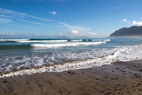 Atlantic Ocean coast beach and waves, Caleta de Famara, Lanzarote, Canary islands, Spain, Europe