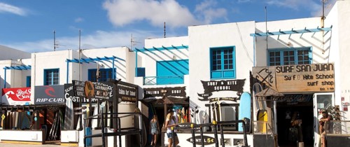 Surf shops in village of Caleta de Famara, Lanzarote, Canary islands, Spain, Europe
