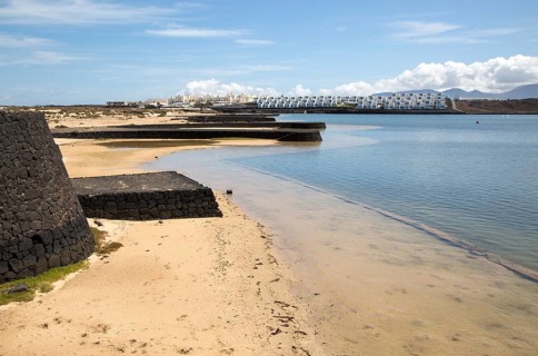 Lagoon at La Isleta, Lanzarote, Canary islands, Spain with large Club la Santa hotel in background