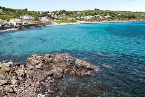Coastal landscape bay and village houses, Coverack, Lizard Peninsula, Cornwall, England, UK