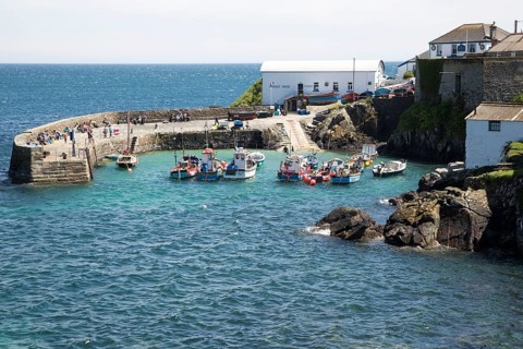 Fishing boats in the harbour at Coverack, Lizard Peninsula, Cornwall, England, UK
