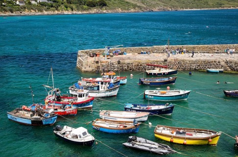 Fishing boats in the harbour at Coverack, Lizard Peninsula, Cornwall, England, UK