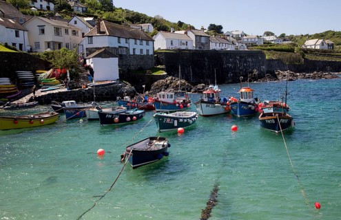 Fishing boats in the harbour at Coverack, Lizard Peninsula, Cornwall, England, UK