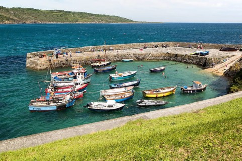 Fishing boats in the harbour at Coverack, Lizard Peninsula, Cornwall, England, UK